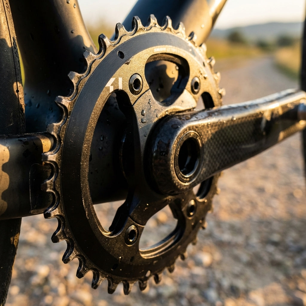 SRAM Kettenblatt X-Sync Road 42T asymmetrisch am nassen Fahrrad mit Carbon-Kurbel für präzise Schaltperformance.