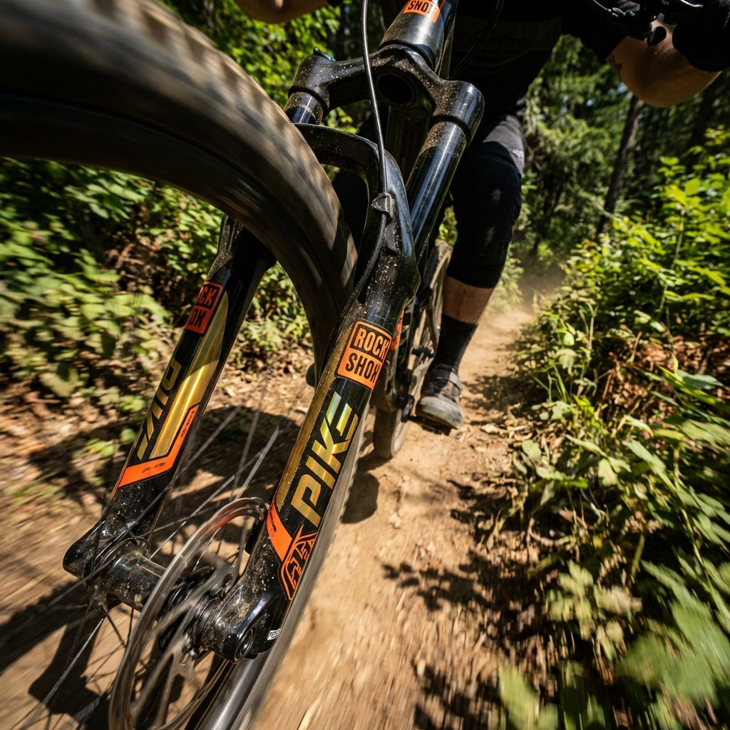 Rockshox Dekor Kit Troy Lee Designs-G/O auf Pike Federgabel am Mountainbike auf Trail in Aktion.