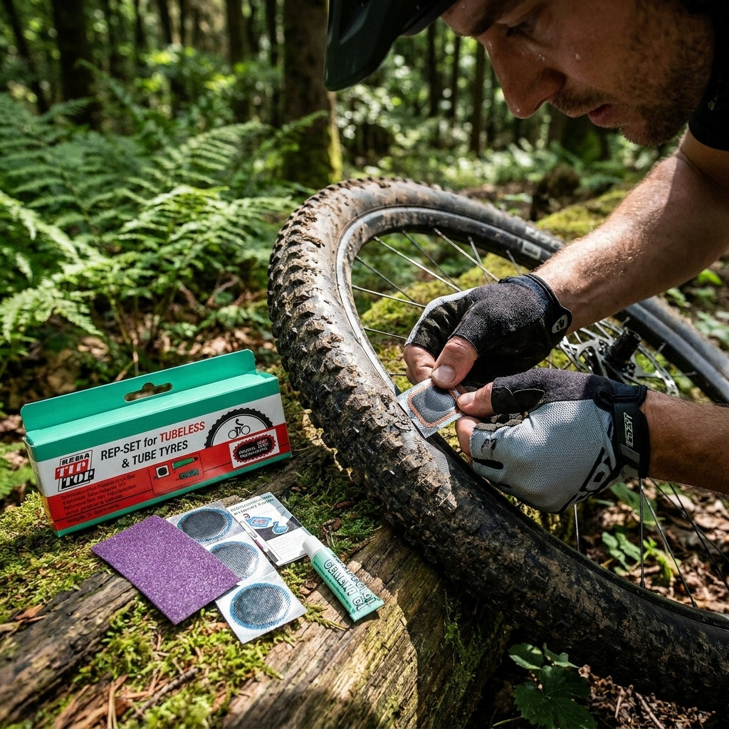 Rema Tip Top Reifen Reparaturset: Mountainbiker repariert platten Reifen mit Flicken und Kleber im Wald.