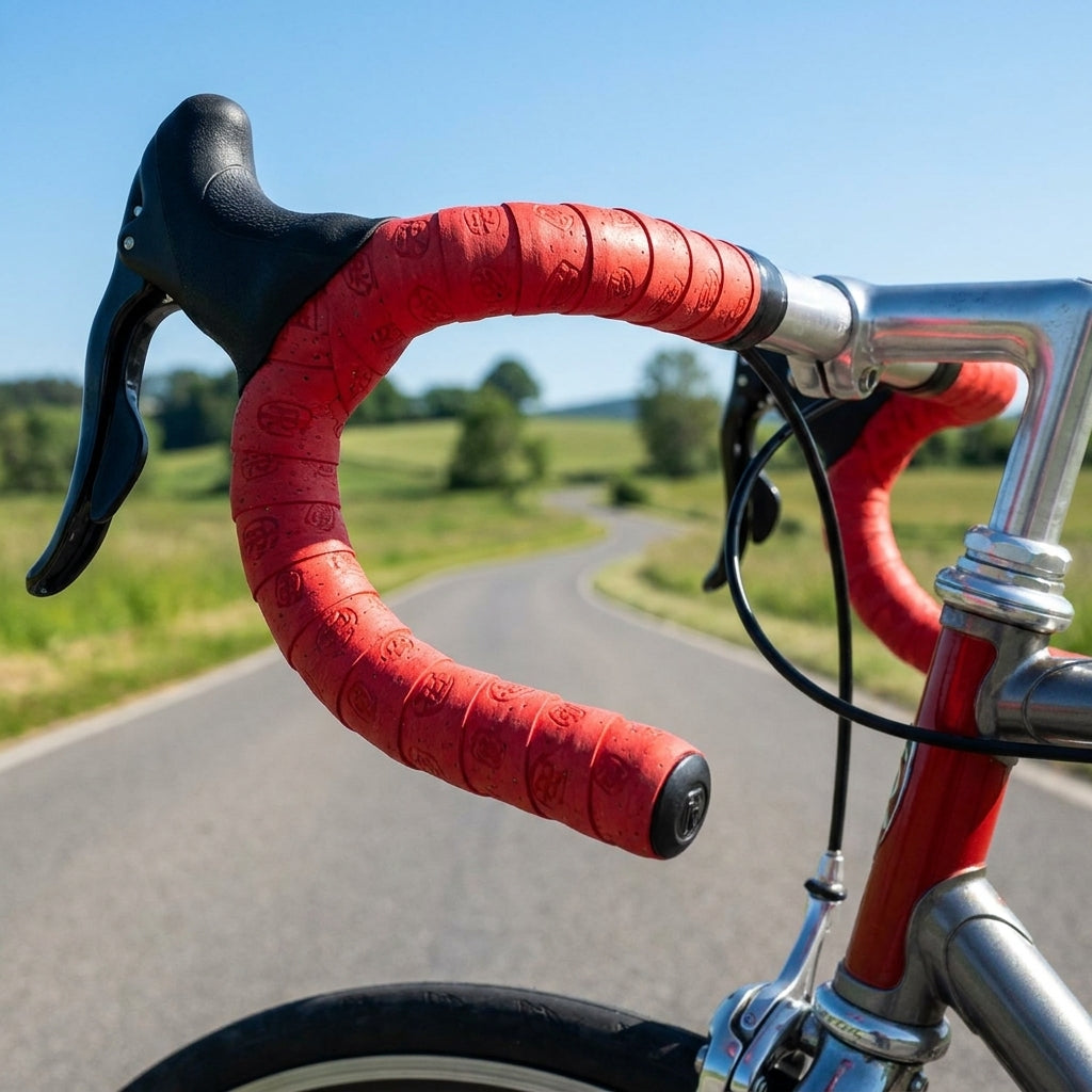 Ritchey Comp Kork Lenkerband rot am Rennrad auf kurviger Landstraße.