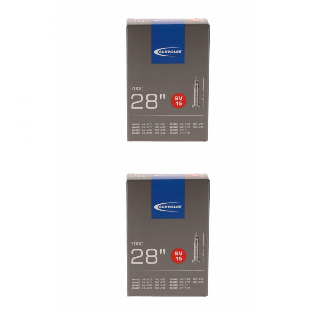 Zwei Schwalbe SV15 Schläuche für 28 Zoll / 700C Fahrräder, passend für Reifenbreiten 0.75-1.10 Zoll.