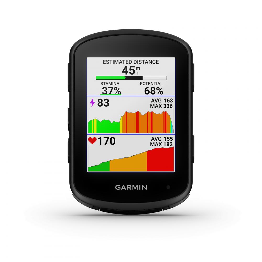 Garmin Edge 840 Fahrradcomputer mit 2,6" Touchscreen zeigt Stamina, Leistung und Herzfrequenzdaten auf dem Display.
