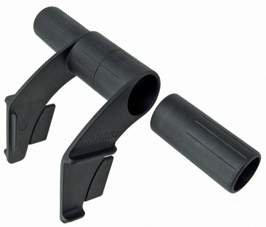 Schwarzer KLICKfix Multi Clip Plus Zubehörhalter für Lenkeradapter, in Einzelteilen gezeigt.