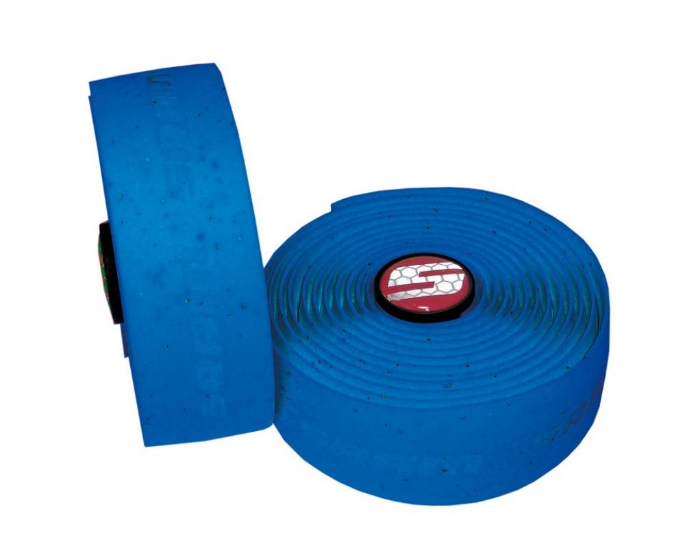 SRAM SuperCork Lenkerband blau. Komfortables Vinyl-Fahrradlenkerband mit S-Logo, auf weißem Hintergrund.