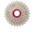Metallische SunRace CSRX0 10-fach Kassette 11-28T mit rotem Aluminium Lockring, Shimano/SRAM kompatibel.