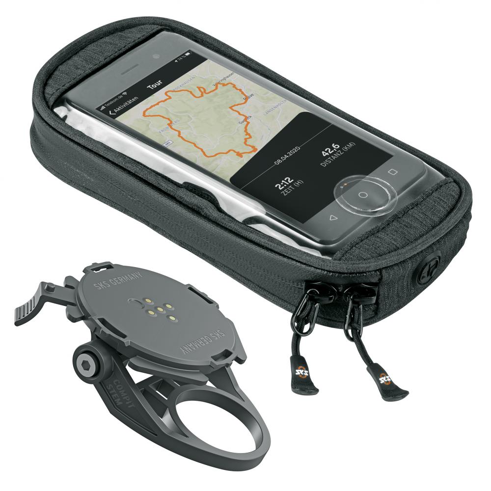 SKS GERMANY COMPIT/STEM & COM/SMARTBAG: Wasserdichte Smartphone-Halterung für den Vorbau, inklusive Tasche mit Touchscreen-Bedienung und zusätzlichem Stauraum