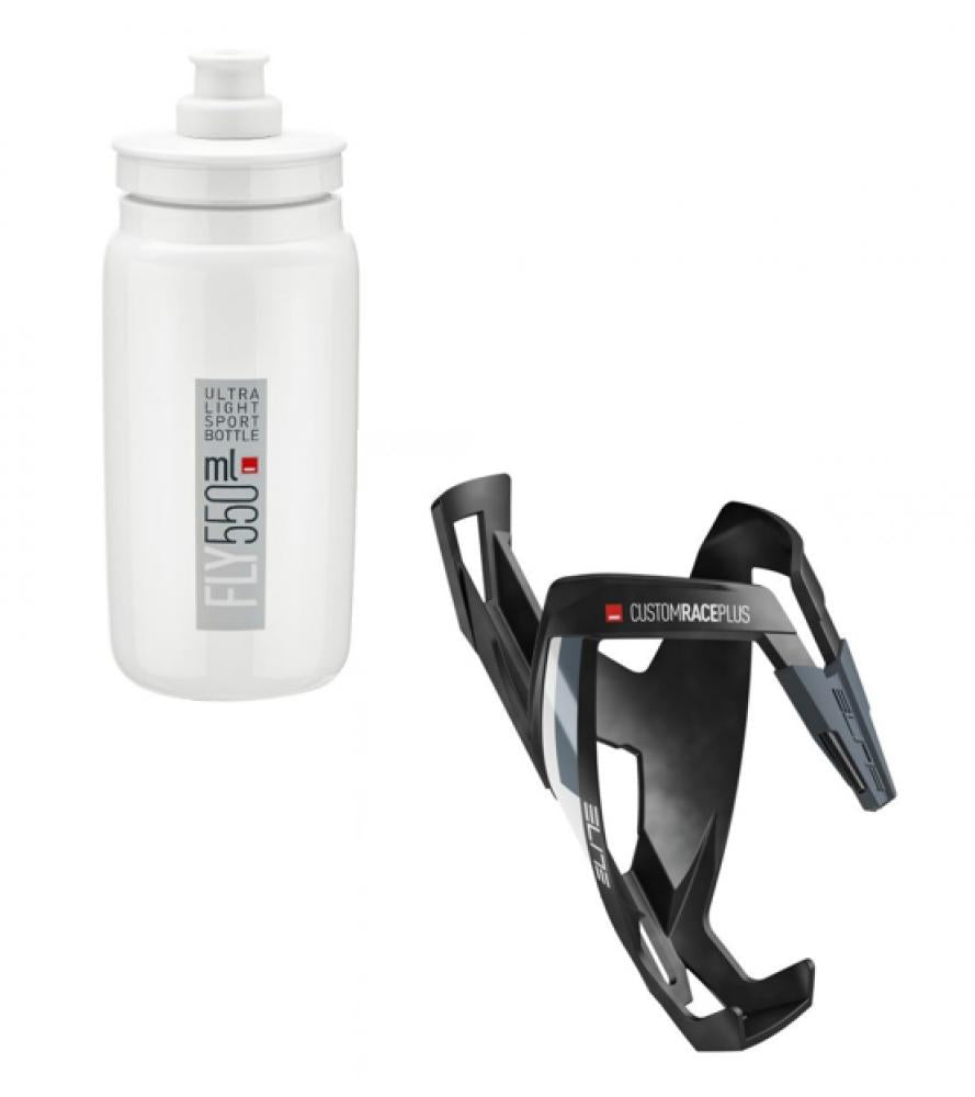 1x Elite Trinkflaschenhalter CustomRacePlus mattschwarz/weiß inkl. 1x Elite Trinkflasche, FLY weiß g