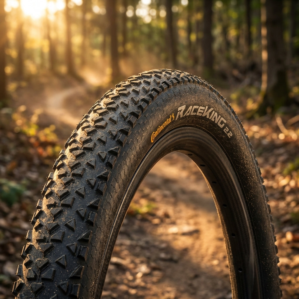 Continental Race King II 2.2 Mountainbike-Reifen auf Carbonfelge im sonnigen Waldweg.