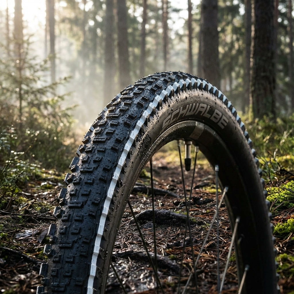 Schwalbe Reifen Rapid Rob 26x2.25 Zoll 57-559 schwarz HS425 Draht in Nahaufnahme auf einem Waldweg.