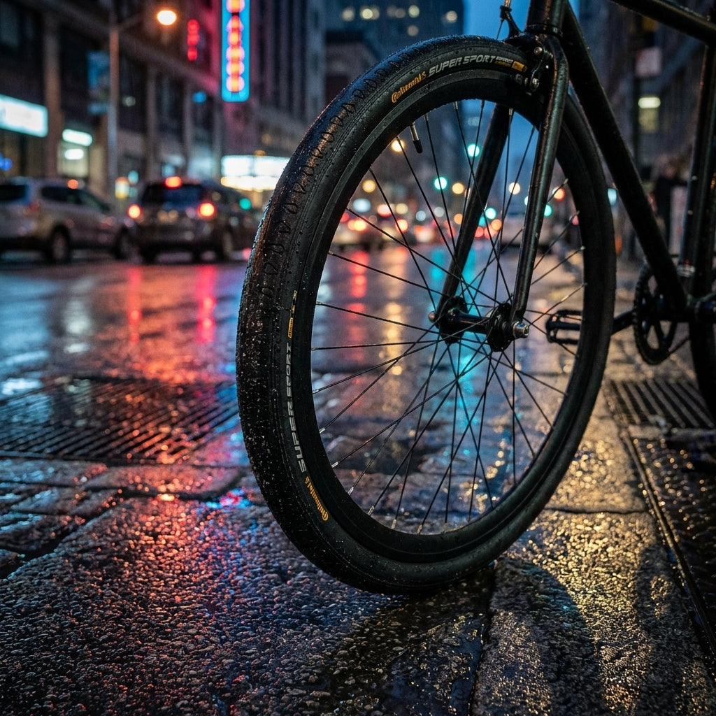 Continental Reifen Super Sport Plus 28 Zoll Draht schwarz am Fahrrad auf nasser Straße in der Stadt.