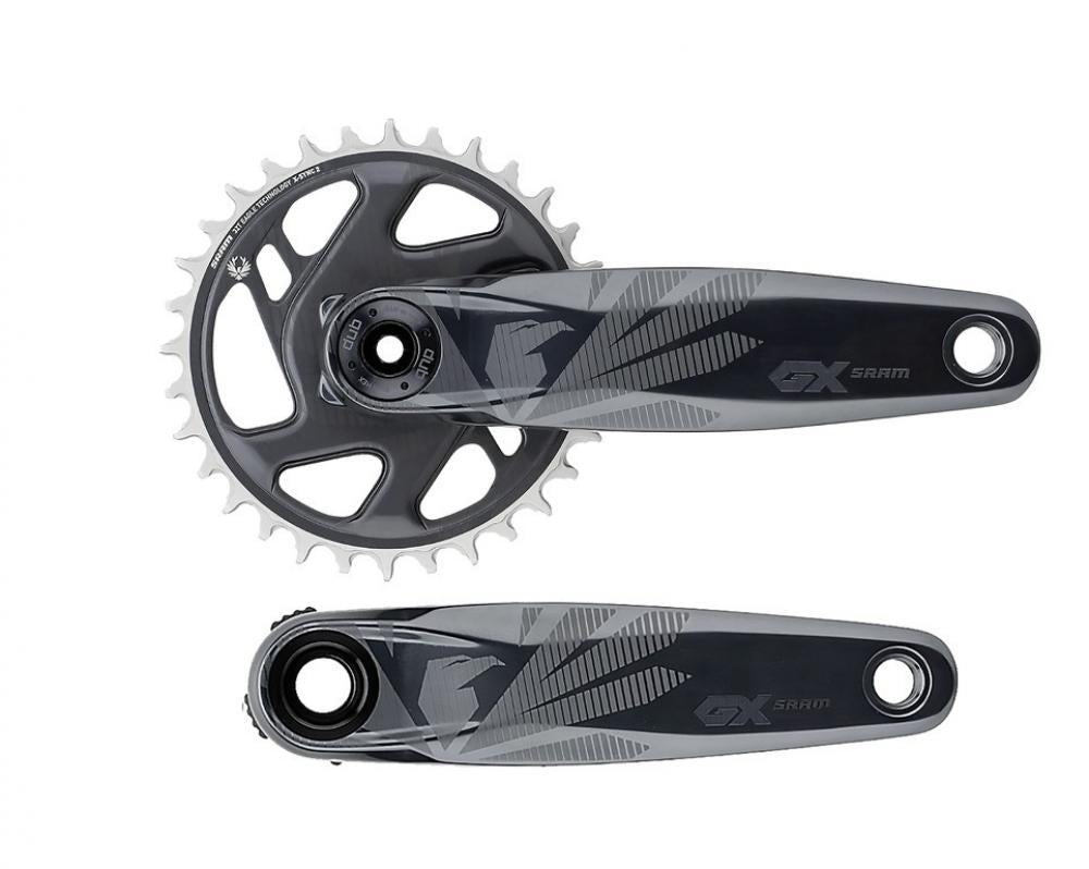 SRAM GX Eagle Boost DUB Kurbelgarnitur 12-fach MTB. Dunkle Kurbelarme mit Eagle Logo, silbernes Kettenblatt.