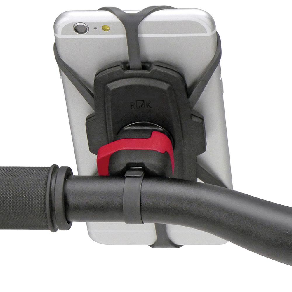 KlickFix PhonePad Quad Mini Smartphonehalterung am Fahrradlenker mit einem Smartphone befestigt, sichere Handyhalterung.