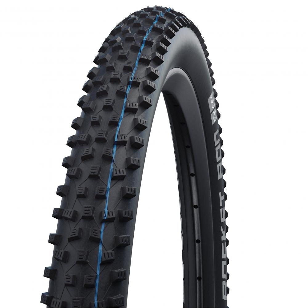 Schwalbe Rocket Ron 29x2.25" schwarzer faltbarer MTB Reifen TLE E-25 mit blauem Streifen.