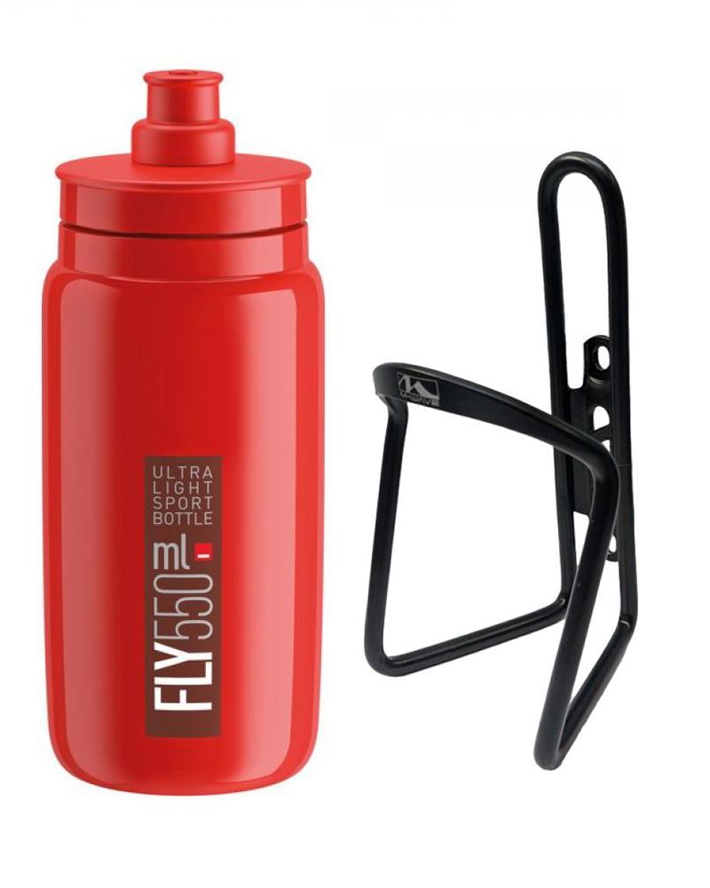 Elite Fly 550 Trinkflasche rot und M-Wave Flaschenhalter schwarz für Fahrrad.