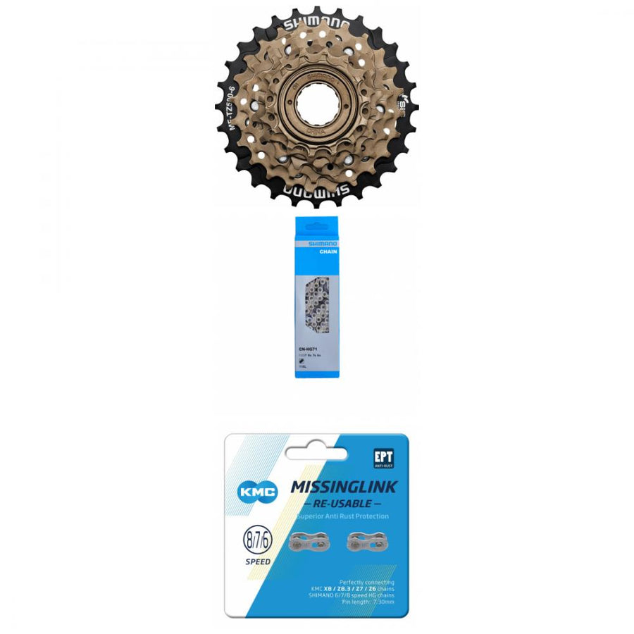 Shimano Fahrrad-Set: Schraubzahnkranz MFTZ500 6-fach, Kette CN-HG71 6/7/8-fach, KMC Kettenschloss.