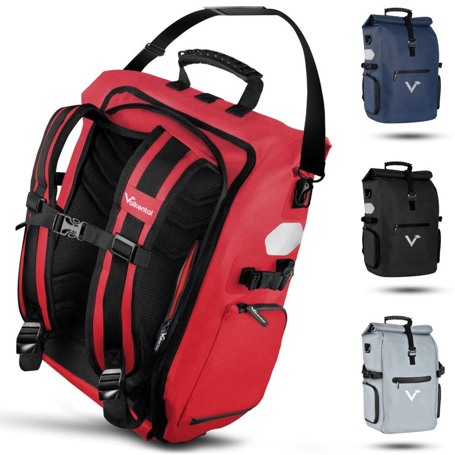 Valkental ValkPro 3in1 Fahrradtasche Rucksack in Rot, mit Tragegriff und Schultergurten.