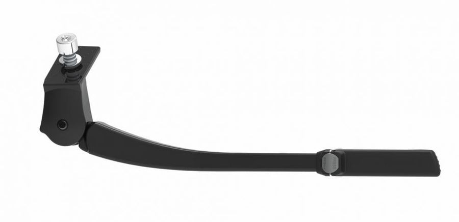 Schwarzer, verstellbarer Ursus Easy Fahrrad-Seitenständer aus Aluminium für 26-28 Zoll Fahrräder.