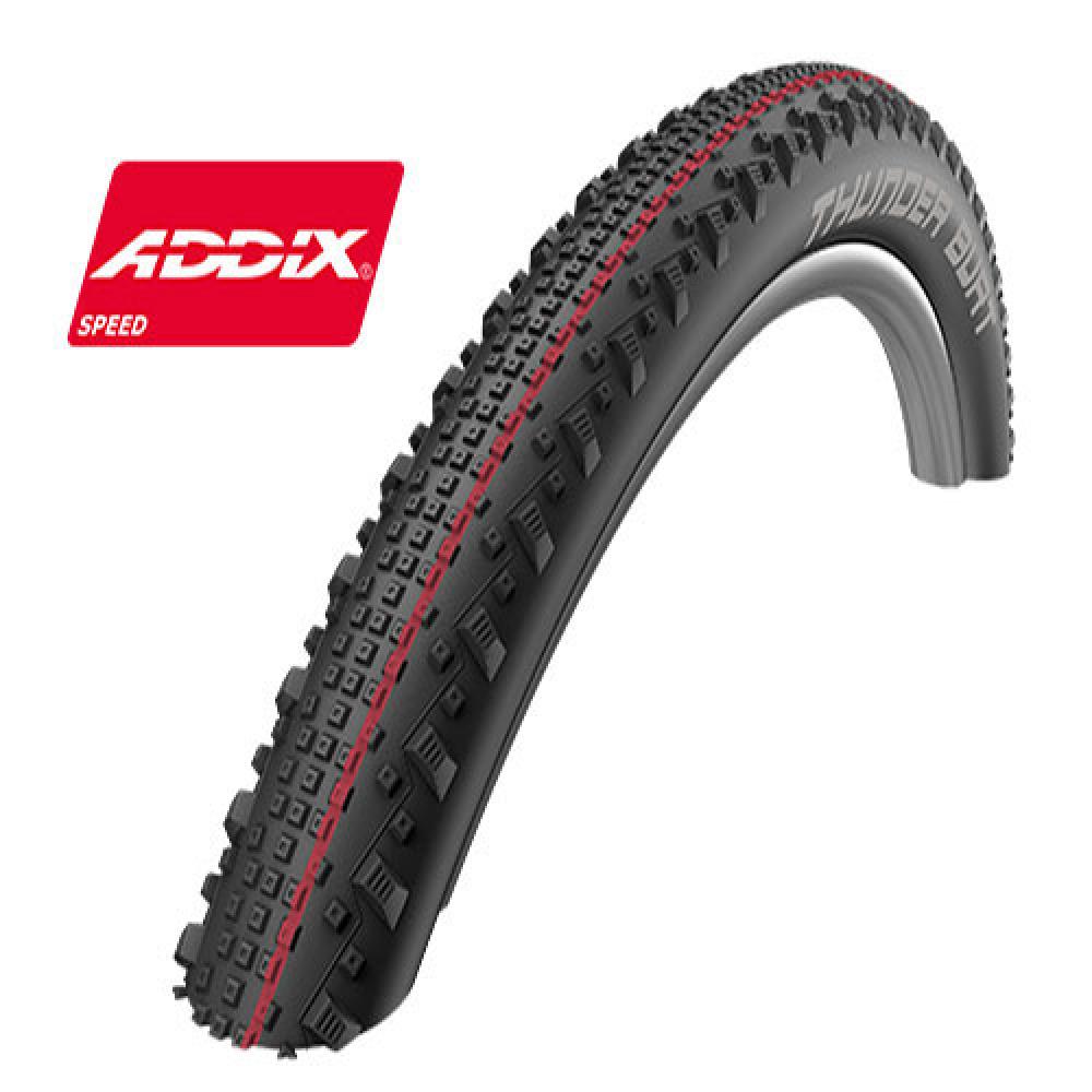 Schwalbe Thunder Burt 29x2.10 Mountainbike Reifen faltbar, schwarz, mit ADDX SPEED Logo und roter Linie.