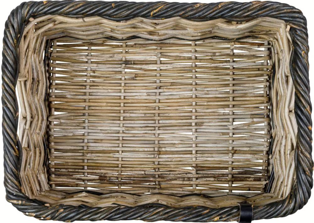 Basil Dijon S Vorderradkorb aus grobmaschigem Rattan in Grau/Schwarz, Innenansicht.