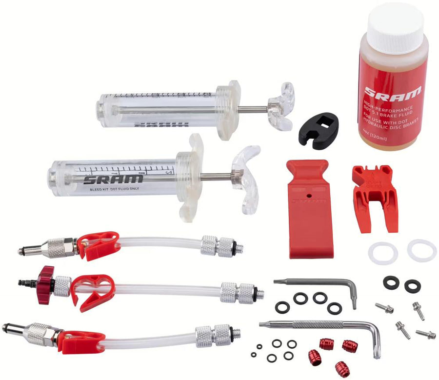 SRAM Pro V2 Scheibenbremsen Entlüftungs-Kit inkl. DOT5.1 Bremsflüssigkeit, Spritzen, Schläuchen und Werkzeugen.