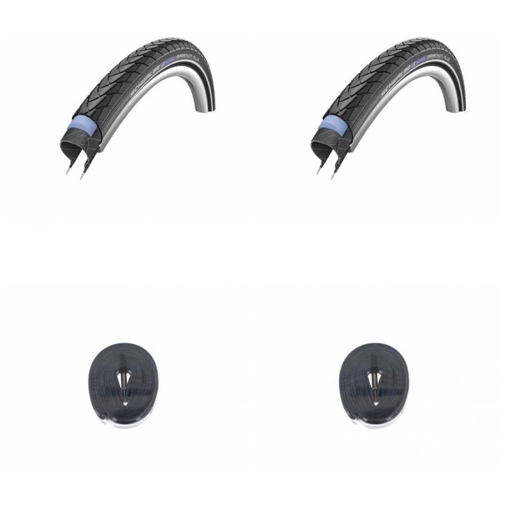 Zwei Schwalbe Marathon Plus 28x1.40 Drahtreifen und zwei AV17 Fahrradschläuche.