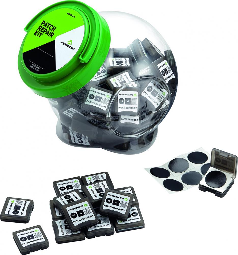 Merida Bonbonglas inkl. 100 selbstklebenden Flicksets Onesize Transparent - praktisches Flickset-Display für Schläuche