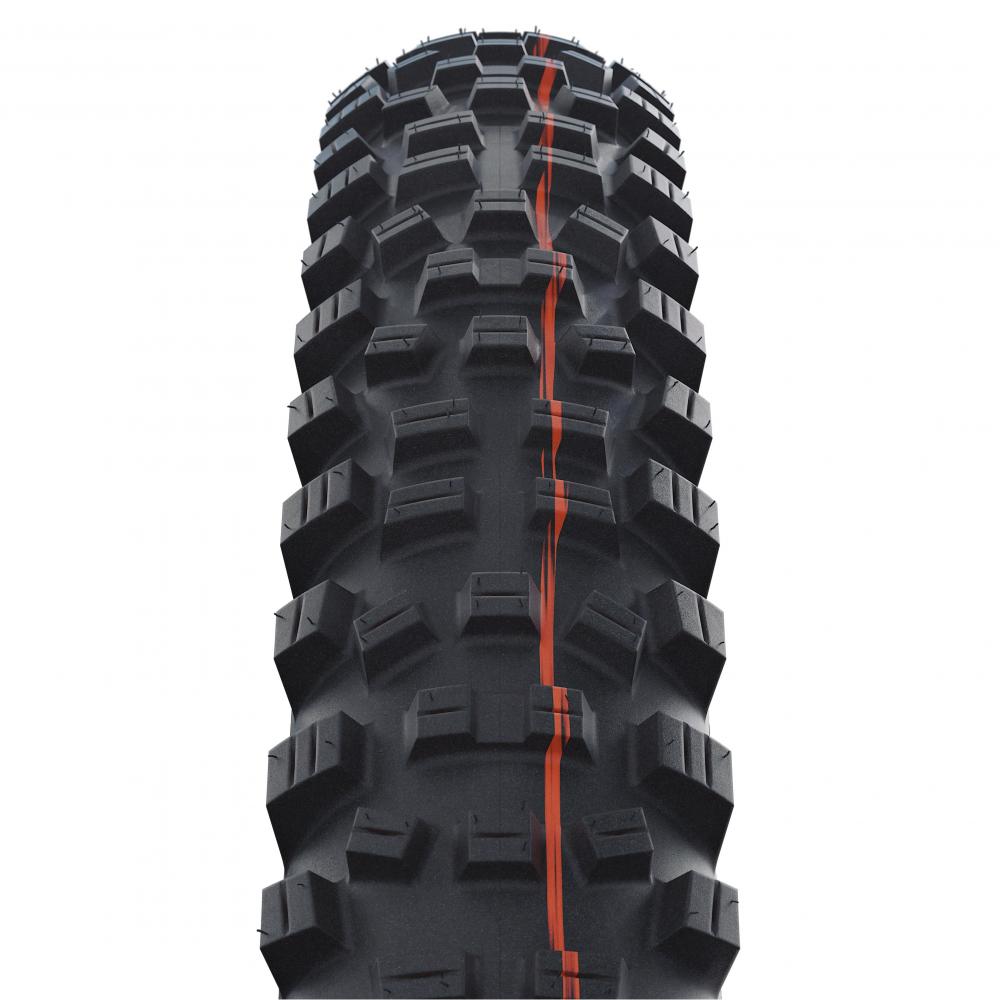 Schwalbe Hans Dampf 29 Zoll MTB-Reifen, schwarz mit aggressivem Stollenprofil und orangefarbenem Mittelstreifen.