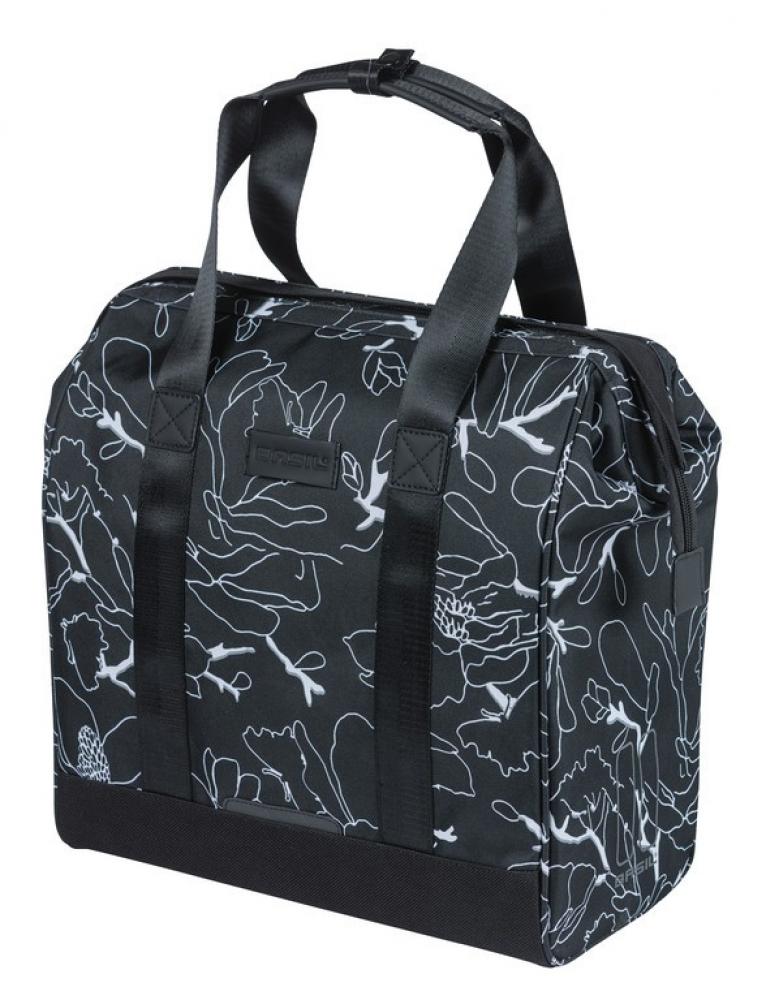 Basil Shoppertasche Grand Flower schwarz mit weißen Blumenmustern und Tragegriffen.