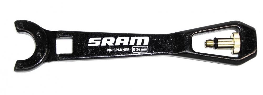 Rockshox Dämpfertool Vivid (SRAM Pin Spanner Ø 24 mm), schwarz, mit Messingventil und offenem Hakenschlüssel.