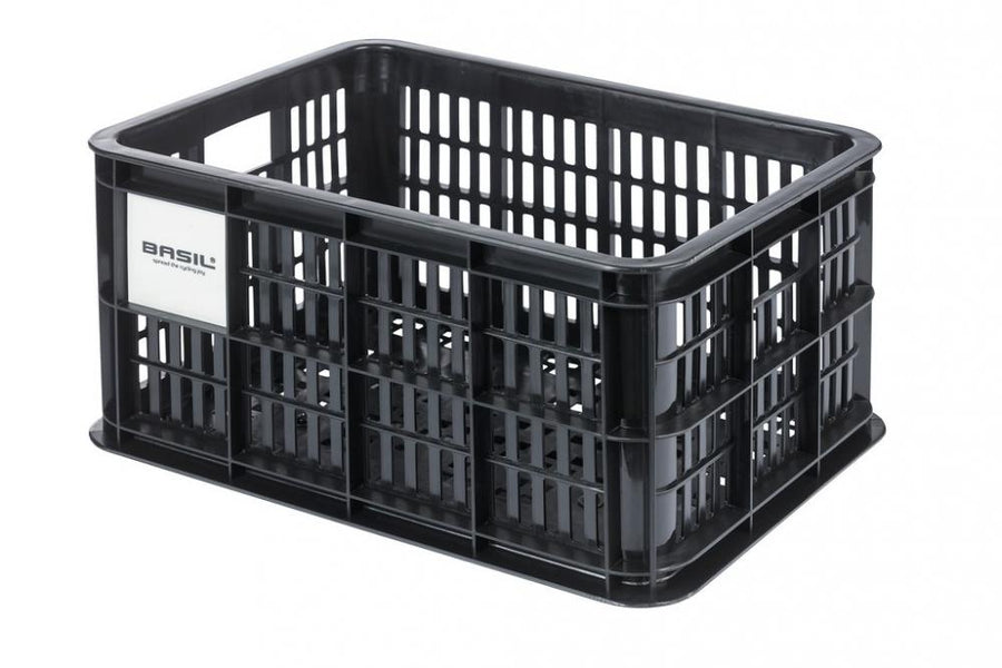 Basil Crate S MIK Fahrradkiste 17,5 Liter schwarz aus recyceltem Kunststoff mit vormontierter MIK-Adapterplatte.
