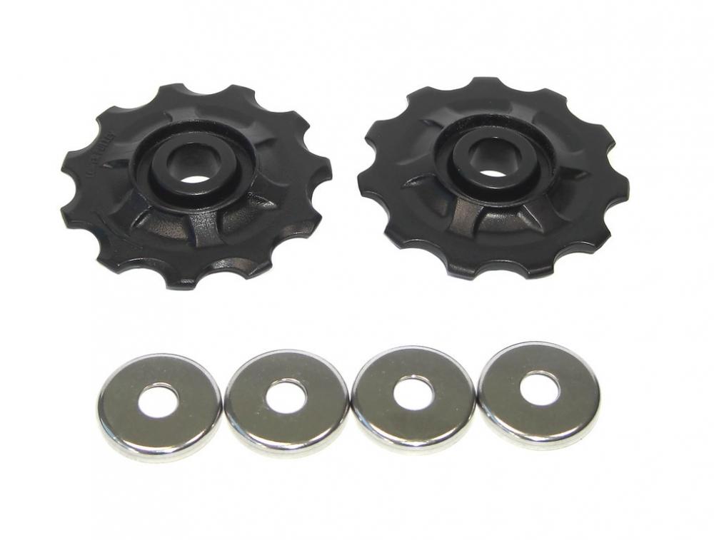 SRAM X.5 10-fach Schaltrollen-Set mit zwei schwarzen Rollen und vier silbernen Unterlegscheiben für Fahrradschaltungen.