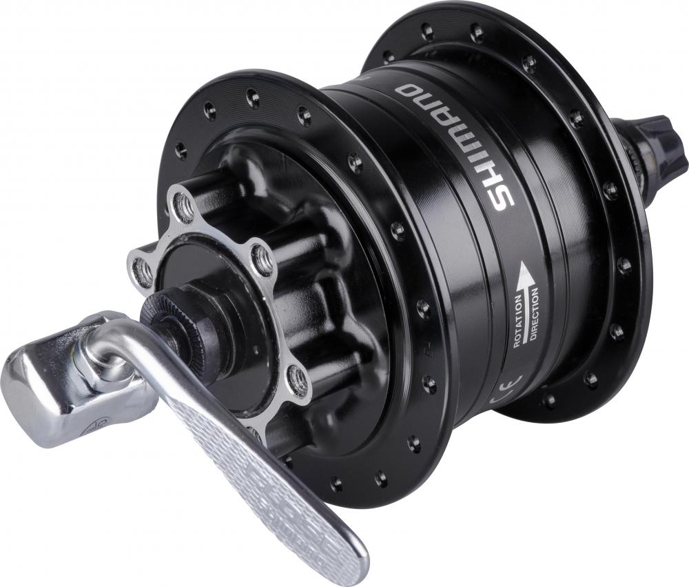 Schwarzer Shimano Nabendynamo DH-3D32 mit 32 Loch und 6-Loch-Scheibenaufnahme, 6V/3W.