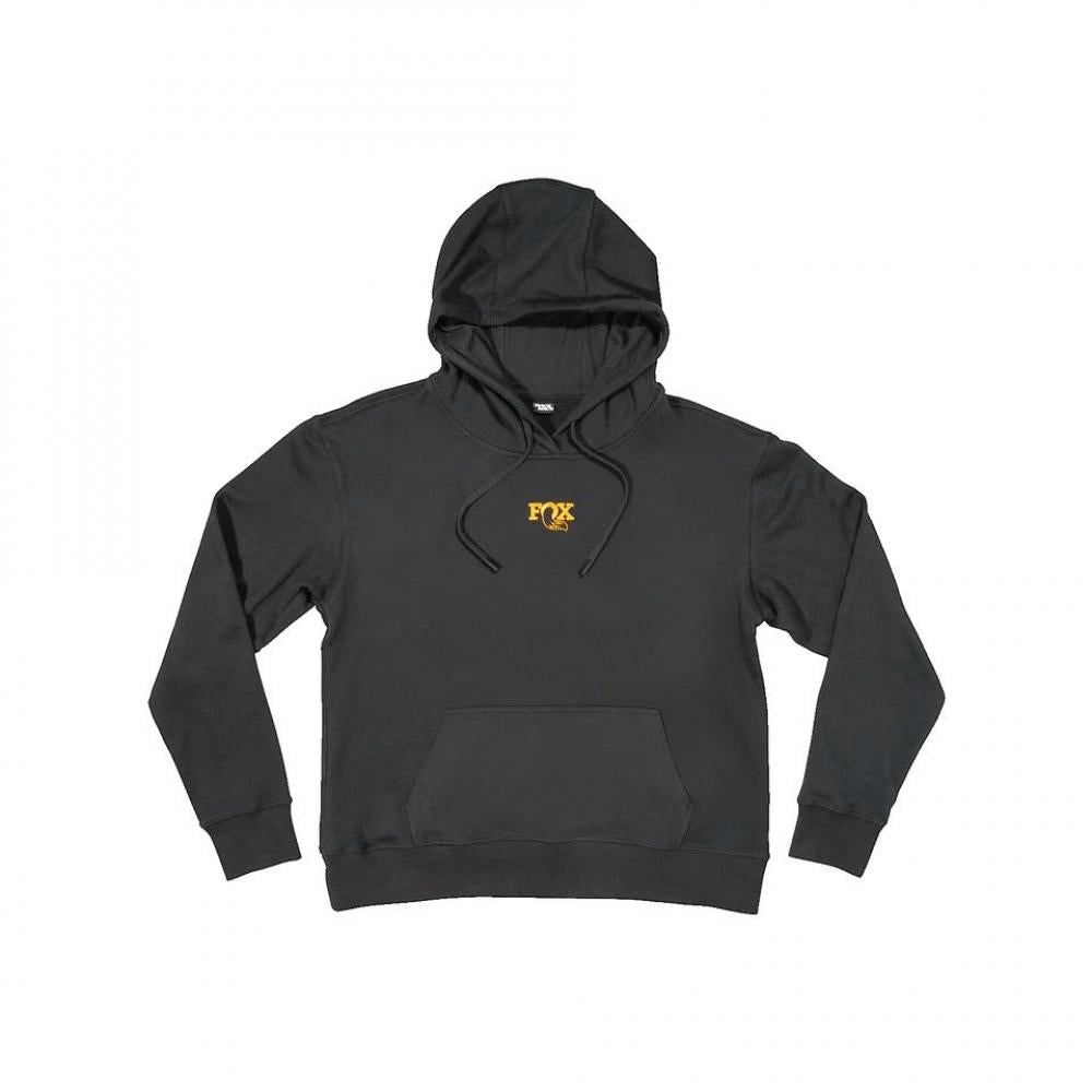 Schwarzer FOX Logo Damen Kapuzenpullover XS mit orange-goldenem Fuchs-Logo auf der Brust.