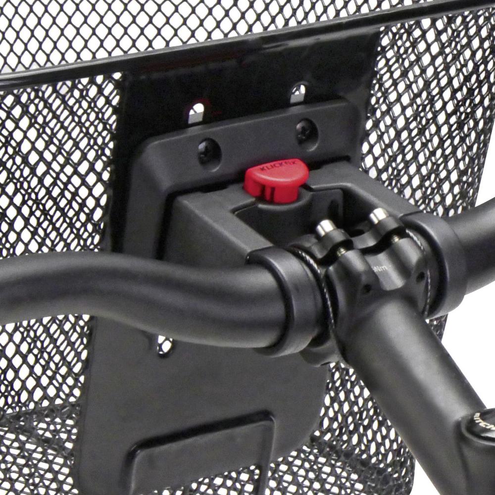 Schwarzer Rixen Kaul KLICKfix Lenkerkorb mit Adapterplatte am Fahrradlenker montiert.