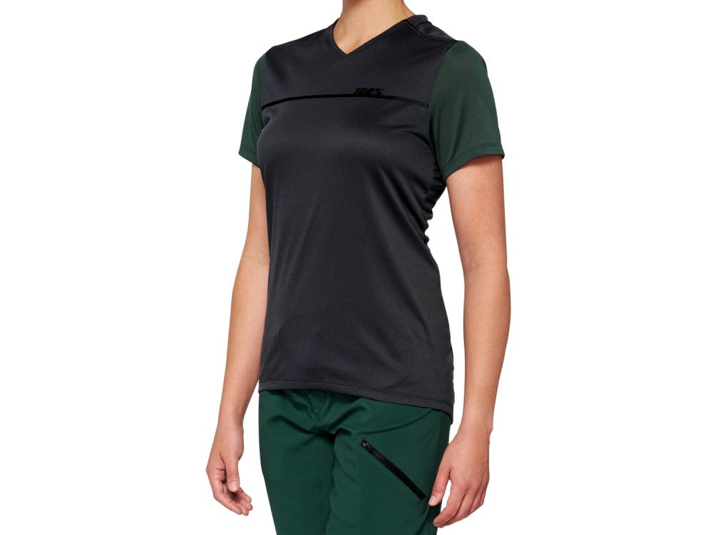 100% Ridecamp Womens Short Sleeve Jersey L Charcoal/Forest Green - atmungsaktives MTB-Trikot