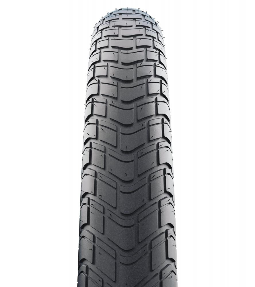Profilansicht Schwalbe Motion Big Apple 50-406 City-Drahtreifen in Schwarz mit Reflexstreifen und Pannenschutz.