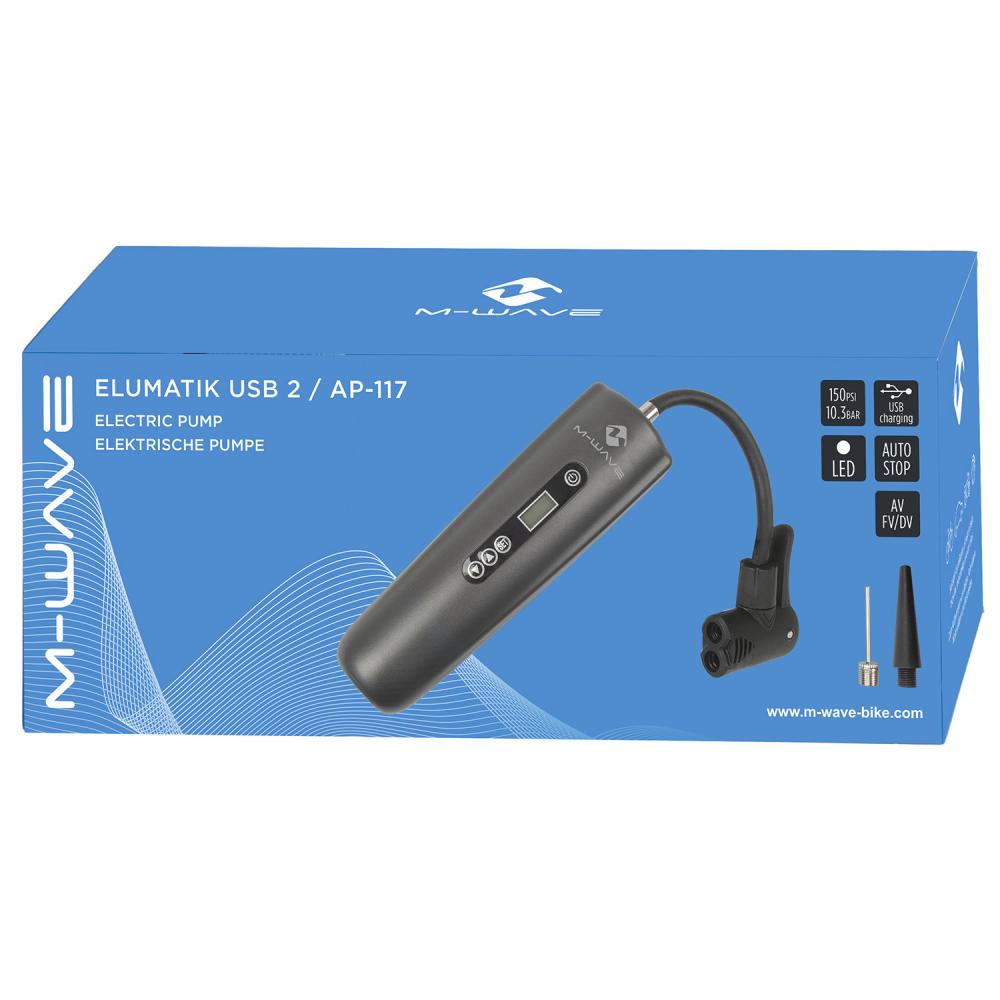 M-Wave Elumatik USB 2 Elektrische Akku-Minipumpe 10,3 bar, digital, AV/DV/FV, inkl. Adapter & Box