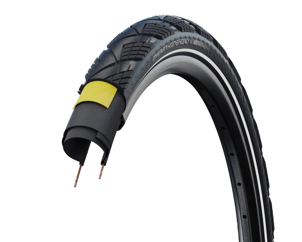 Schwalbe Marathon Efficiency Evo V-Guard Touren-Faltreifen Schwarz, Schnittbild mit gelbem Pannenschutz.