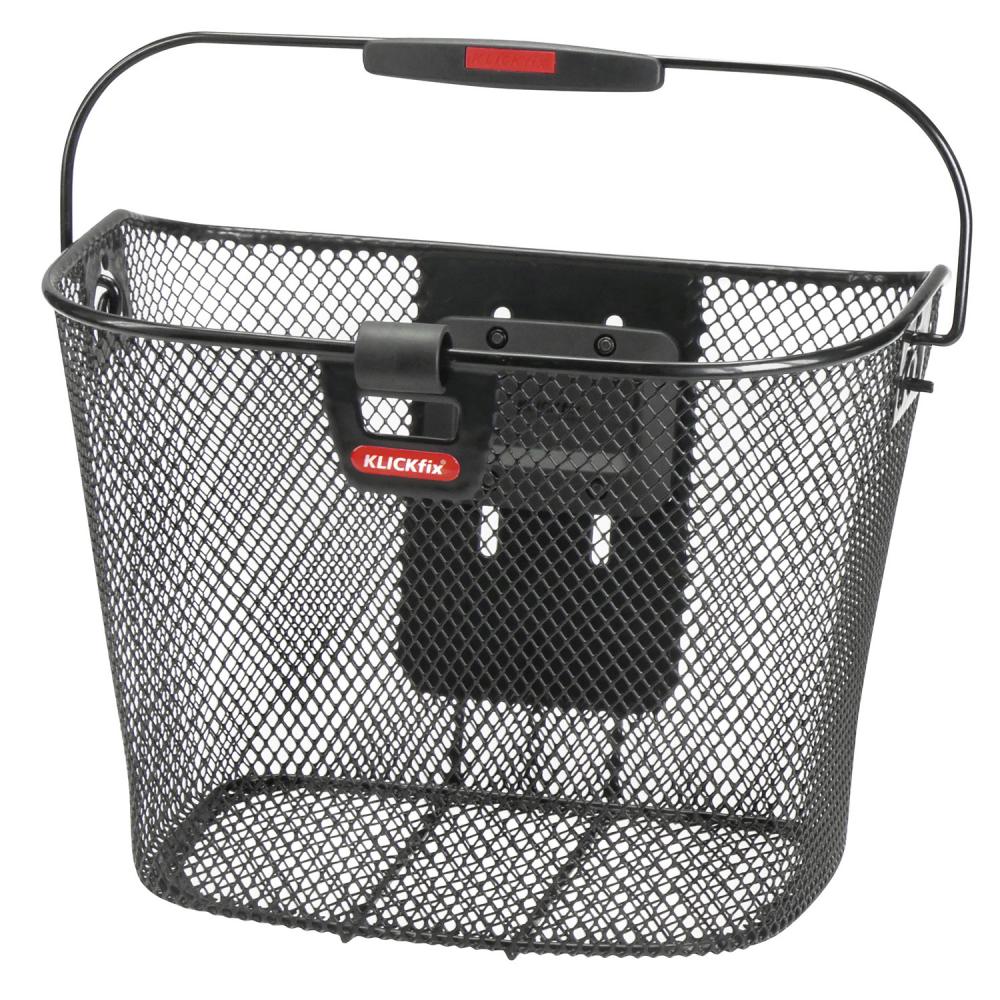 Schwarzer Rixen Kaul KLICKfix Lenkerkorb mit höhenverstellbarem Adapter und Lampenclip.