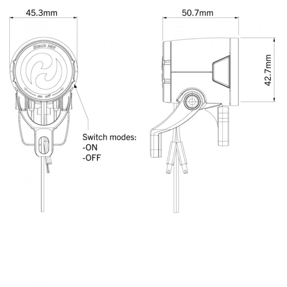Technische Zeichnung Herrmans H-Black MR8 E-Bike Frontscheinwerfer mit Maßen, 180 Lumen, StVZO-zugelassen, schwarz.