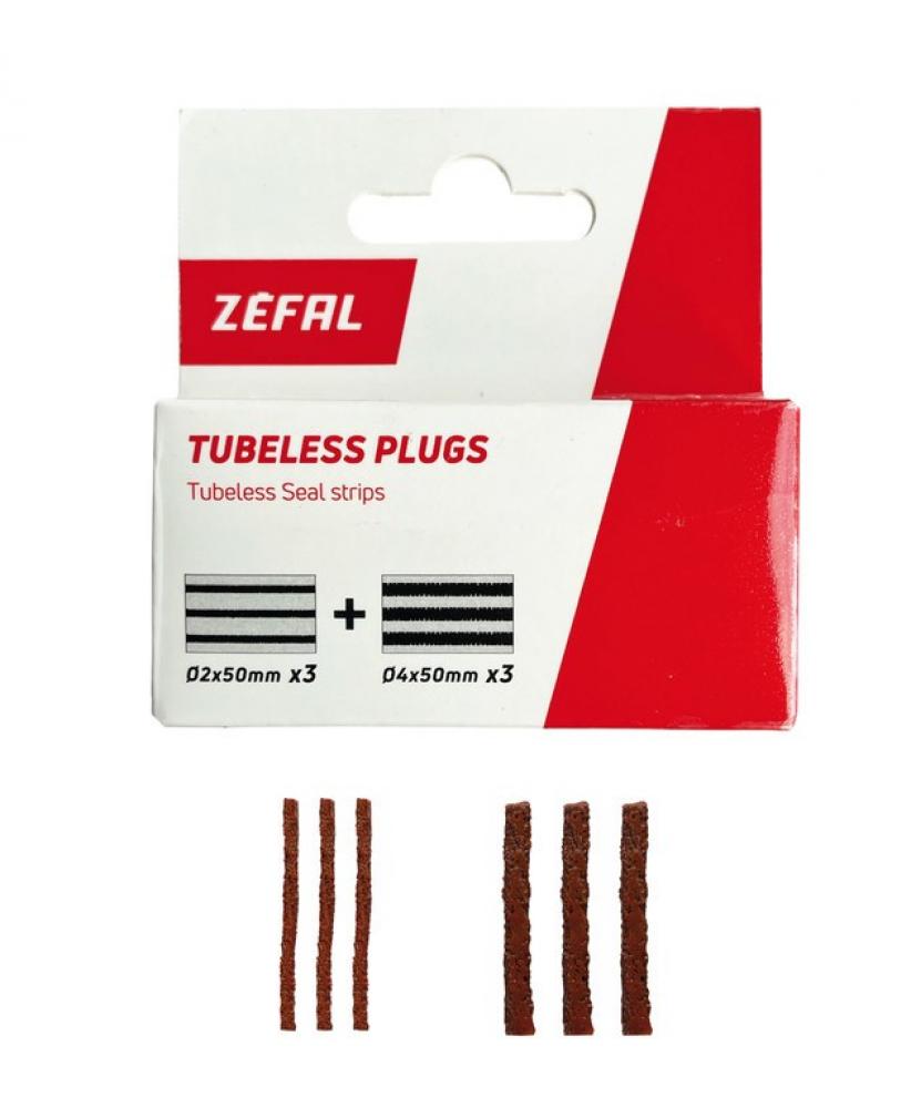 Zéfal Tubeless Plugs Set für schnelle Pannenreparatur von Tubeless-Reifen, mit 3x 2mm und 3x 4mm Dichtstreifen.