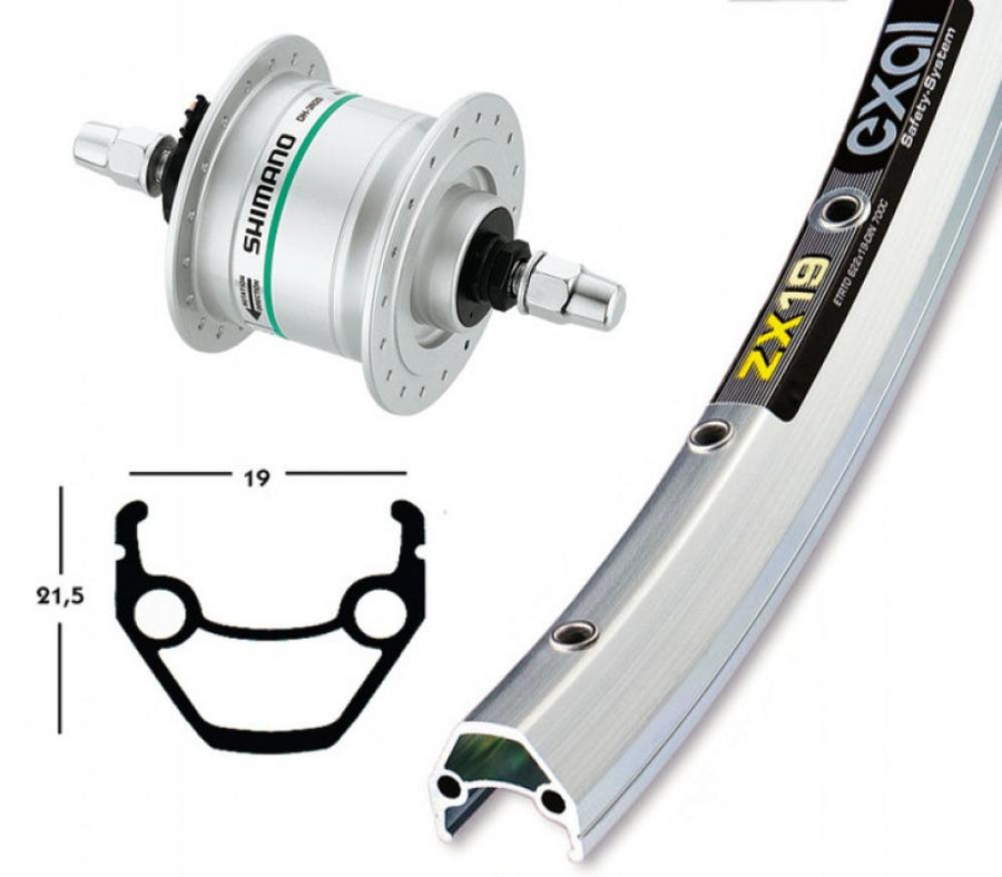 Bike-Parts Laufrad|Vorderrad 26x1.75 Nabendynamo DH-C3003 silber Festachse 36-Loch Exal ZX 19 silber Nirosta-Speichen