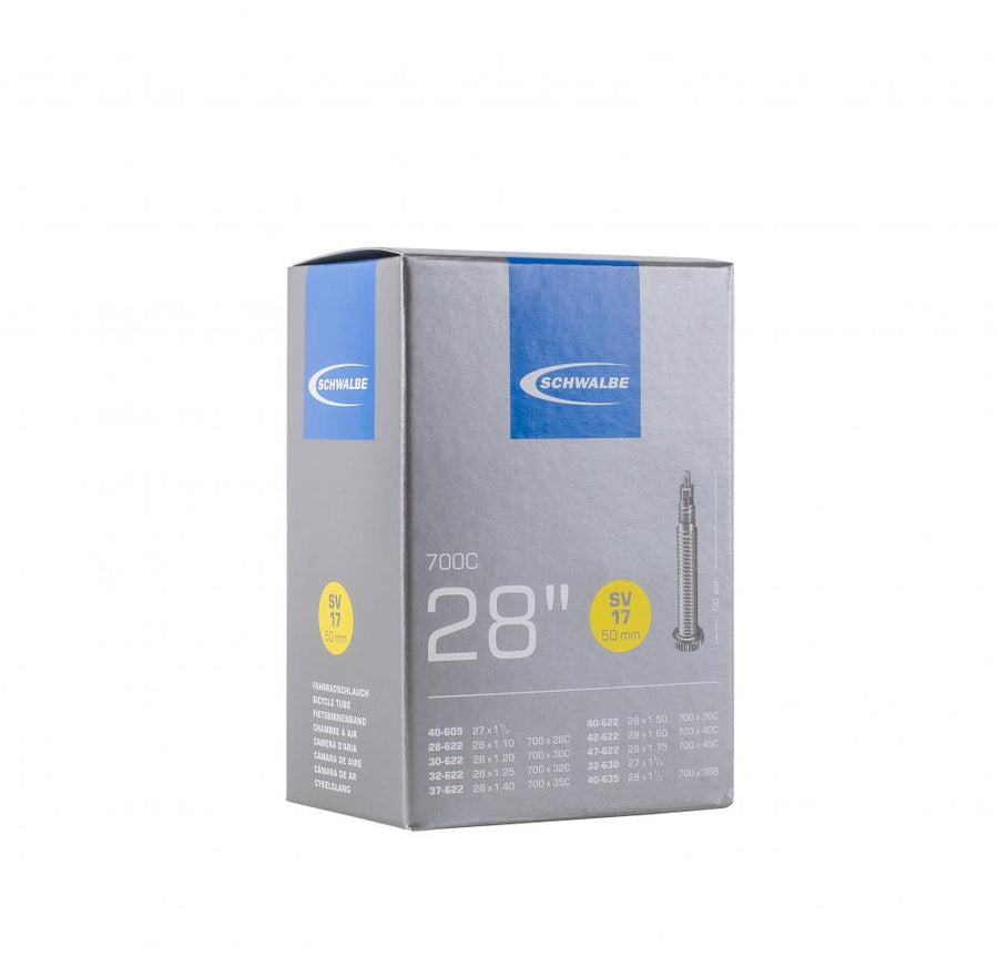Schwalbe Schlauch SV17 28 Zoll 1 1/8-1.75 Zoll, 28/47-622/635, 50mm Sclaverand-Ventil, Produktverpackung.