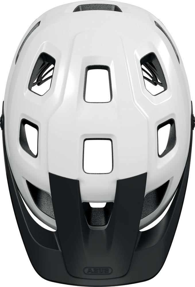 ABUS MoTrip MTB-Helm in glänzendem Weiß mit schwarzem Visier und hoher Schutzpassform.