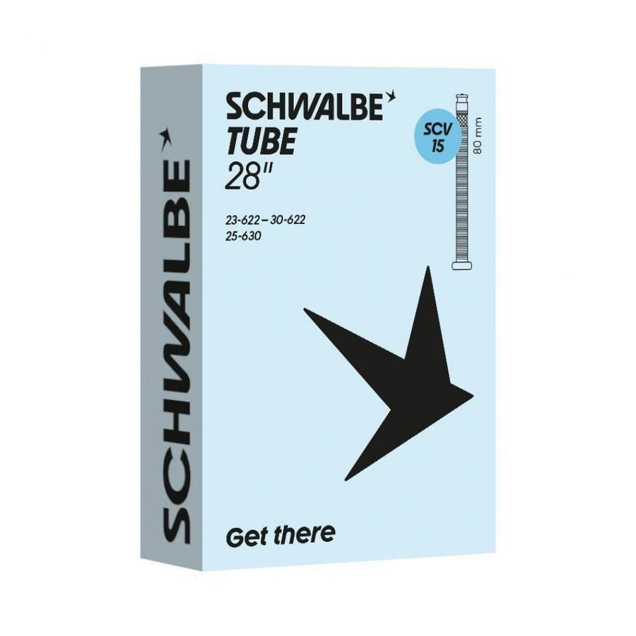 Schwalbe Fahrradschlauch Nr. 15 für 28 Zoll mit 80mm Clik Valve SCV Ventil in der blau-weißen Produktverpackung.