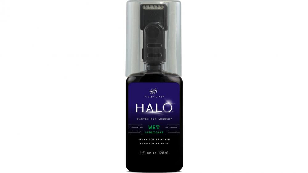 Finish Line Kettenschmiermittel HALO Wet Lube, 120 ml Flasche mit Smart Luber und Ersatz-Pads, Hochleistungs-Kettenschmierstoff für alle Wetterbedingungen: nass, feucht und trocken