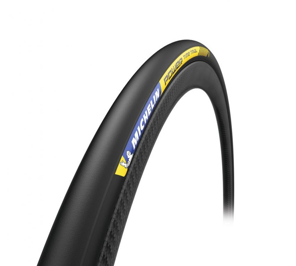 Schwarzer Michelin Power Time Trial Rennradreifen 25-622 faltbar mit gelbem Akzent.
