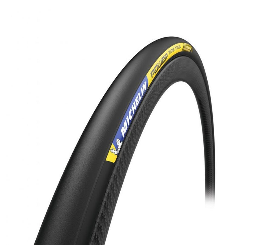Schwarzer Michelin Power Time Trial Rennradreifen 25-622 faltbar mit gelbem Akzent.