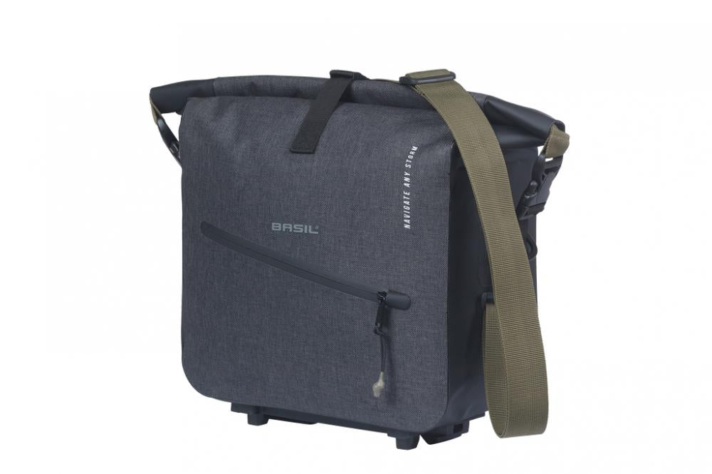 Wasserdichte schwarze Basil Navigator Storm Trunkbag 13L Fahrrad-Gepäckträgertasche mit MIK-System.