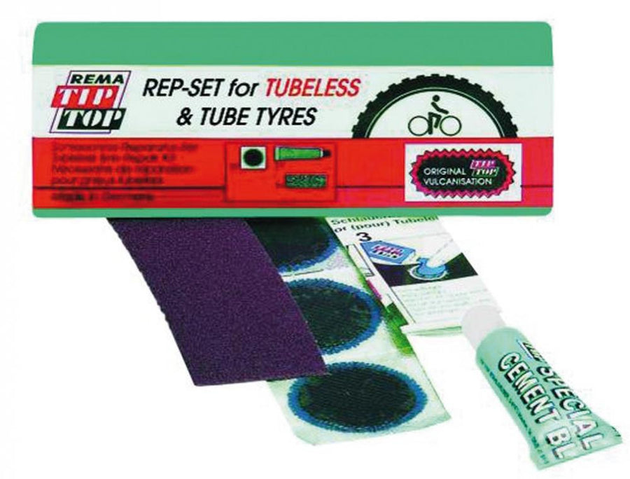 Rema Tip Top Reifen Reparaturset für Fahrrad Tubeless- & Schlauchreifen mit Flicken, Schleifpapier & Kleber.